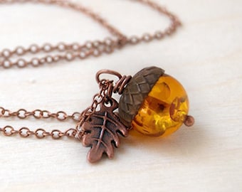 Orange and Copper Acorn Necklace | Cute Fall Autumn Charm Design | Lucite Gemstone Pendant | Woodland Cottagecore Xmas Gift | Nature Jewelry