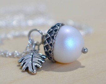 Faerie Magic Acorn Necklace | Iridescent White and Silver Acorn Pendant | Nature Jewelry | Fall Acorn Charm Necklace