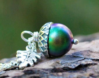 Beetle Magic Acorn Necklace | Iridescent Green and Silver Acorn Pendant | Nature Jewelry | Goblincore Fall Acorn Charm Necklace