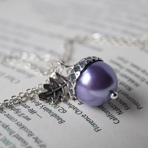 Lilac and Silver Acorn Necklace | Purple Pearl Acorn Charm Necklace | Nature Jewelry | Cute Fall Acorn Pendant