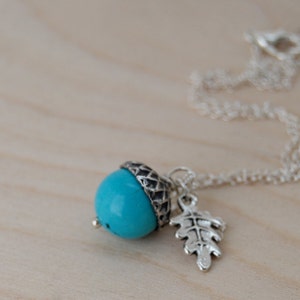 Turquoise and Silver Acorn Necklace Gemstone Acorn Necklace Nature Jewelry Cute Acorn Charm Necklace Something Blue Jewelry image 1