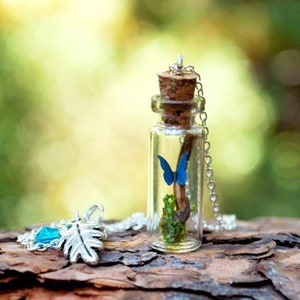 Butterfly Bottle Terrarium Necklace | Mini Blue Morpho Butterfly Forest Moss Necklace | Cute Cottagecore Fairy Blue Butterfly Necklace