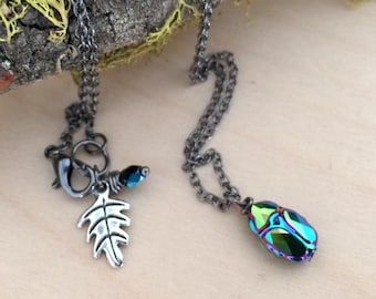 Iridescent Green Beetle Necklace | Cute Insect Charm Necklace | Goblincore Nature Jewelry |  Woodland Crystal Beetle