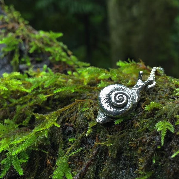 Large Forest Snail Necklace | Cute Snail Pendant | Pewter Silver Snail Charm Necklace | Goblincore Jewelry