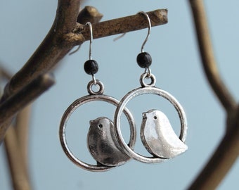 Silver Bird Earrings | Sweetly Minimal Cute Whimsical Charm Dangles | Simple Round Lovebirds on a Circle Drop | Holiday Nature Jewelry Gift