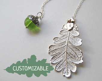 Silver Oak Leaf and Pearl Acorn Lariat | Electroformed Jewelry | Fall Acorn Charm | Real Silver Oak Leaf Pendant