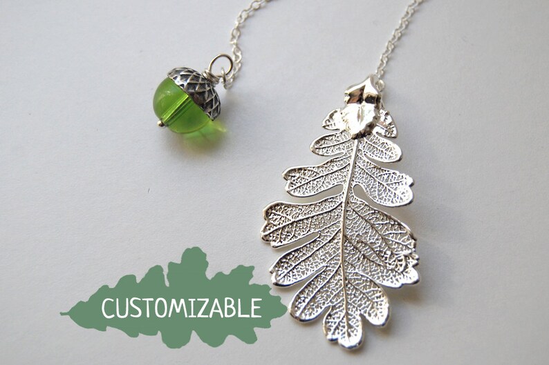 Silver Oak Leaf and Pearl Acorn Lariat Electroformed Jewelry Fall Acorn Charm Real Silver Oak Leaf Pendant image 1