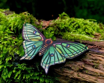 Green Luna Moth Necklace | Wooden Spanish Moon Moth Necklace | Woodland Moth Pendant | Cottagecore Forest Luna Moth | Goblincore Jewelry