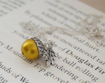 Silver and Golden Acorn Necklace | Woodland Acorn Necklace | Pearl Acorn Charm Necklace  | SALE