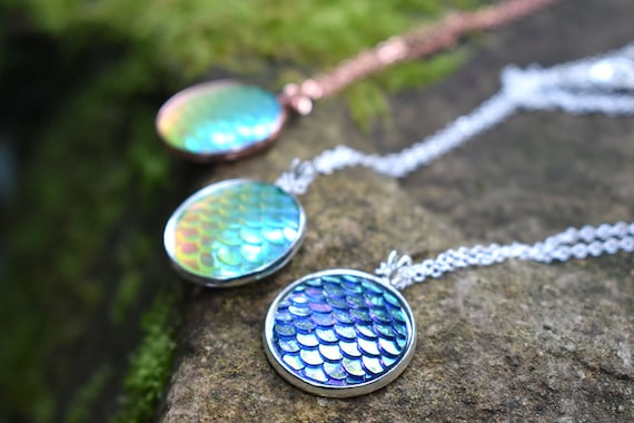 Iridescent Mermaid Scales Necklace Magical Round Siren Dragon