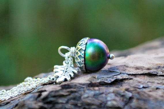 Beetle Magic Acorn Necklace Iridescent Green and Silver Acorn