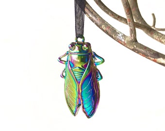 Large Cicada Ornament | Iridescent Rainbow Insect Ornament | Magic Colorful Cicada | Goblincore Gift Tags | ONE Sided with a HOLLOW Back