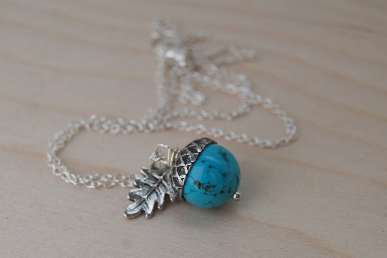 Turquoise and Silver Acorn Necklace Gemstone Acorn Necklace Nature Jewelry Cute Acorn Charm Necklace Something Blue Jewelry image 2