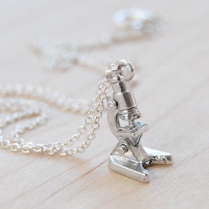 Tiny Silver Laboratory Microscope Necklace | Silver Microscope Charm Necklace | Science Student Pendant