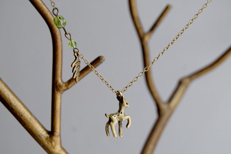 Little Brass Deer Necklace Cute Fawn Charm Jewelry Woodland Cottagecore Forest Animal Pendant Whimsical Olive Green Accent Beads image 5