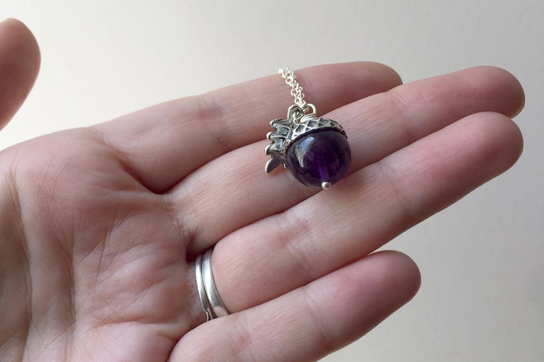 February Amethyst Birthstone Necklace Acorn Necklace February Birthday Necklace Purple Gemstone Acorn Charm Necklace Nature Jewelry image 8