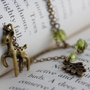 Little Brass Deer Necklace Cute Fawn Charm Jewelry Woodland Cottagecore Forest Animal Pendant Whimsical Olive Green Accent Beads image 4