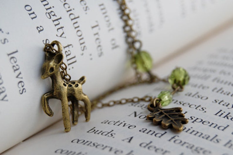 Little Brass Deer Necklace Cute Fawn Charm Jewelry Woodland Cottagecore Forest Animal Pendant Whimsical Olive Green Accent Beads image 4