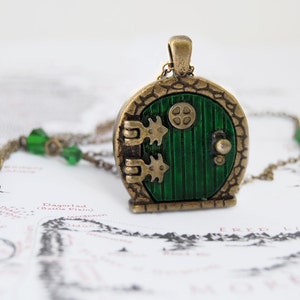 Green Door Locket | Fairy Door Necklace | Hand Painted Fantasy Pendant | Brass Halfing Fantasy Pendant | Enchanting Whimsical Keepsake Gift