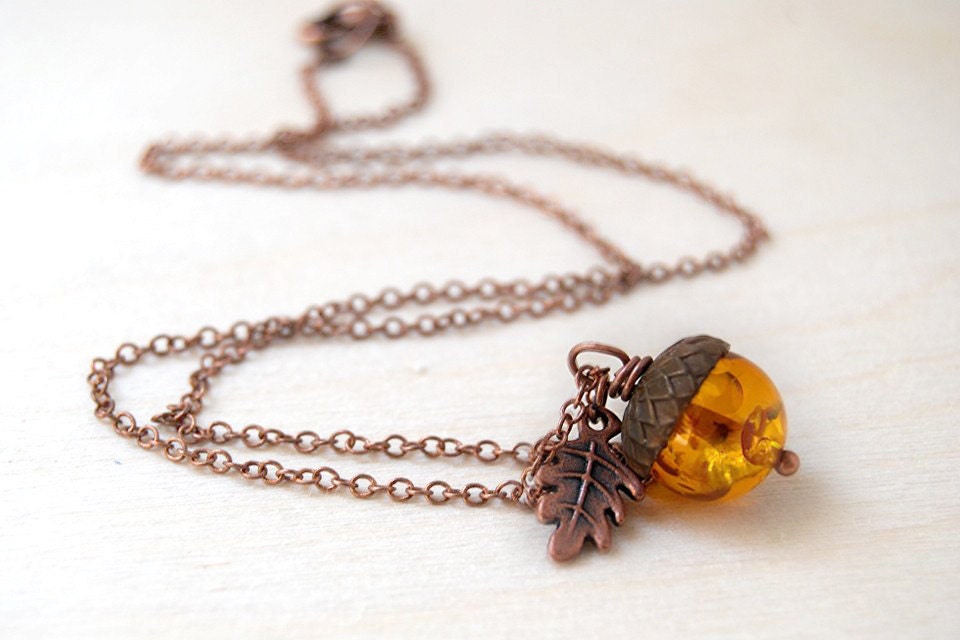 Amber and Copper Acorn Necklace | Cute Nature Acorn Charm Necklace | …