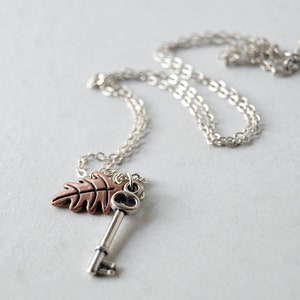 Teeny Tiny Secret Garden Key and Leaf Charm Necklace | Skeleton Key Necklace | Silver Key Charm Necklace