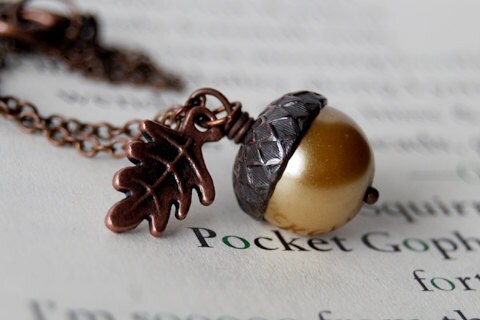 Honey and Copper Acorn Necklace | Pearl Acorn Necklace | Cute Acorn C…