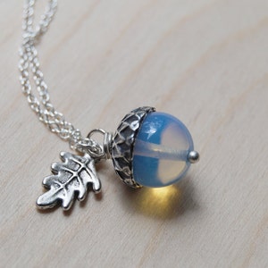 Opal and Silver Acorn Necklace | Glass Opal Gemstone Necklace | Fall Acorn Charm Necklace | Cute Acorn Pendant