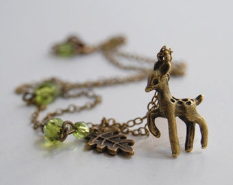 Little Brass Deer Necklace | Cute Fawn Charm Jewelry | Woodland Cottagecore Forest Animal Pendant | Whimsical Olive Green Accent Beads