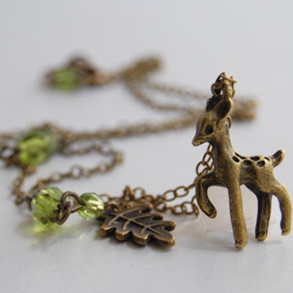 Little Brass Deer Necklace | Cute Fawn Charm Jewelry | Woodland Cottagecore Forest Animal Pendant | Whimsical Olive Green Accent Beads