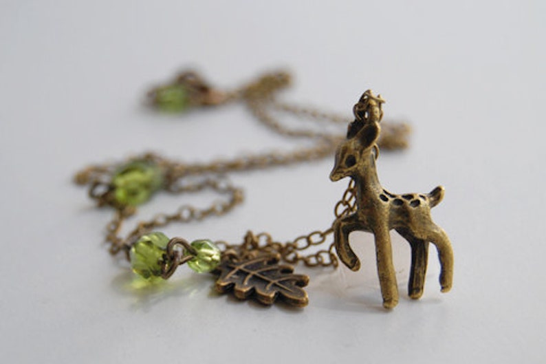 Little Brass Deer Necklace Cute Fawn Charm Jewelry Woodland Cottagecore Forest Animal Pendant Whimsical Olive Green Accent Beads image 1