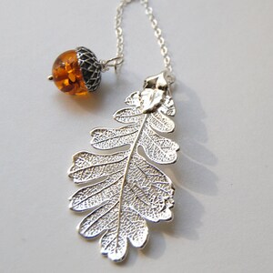 Silver Oak Leaf and Pearl Acorn Lariat Electroformed Jewelry Fall Acorn Charm Real Silver Oak Leaf Pendant image 3