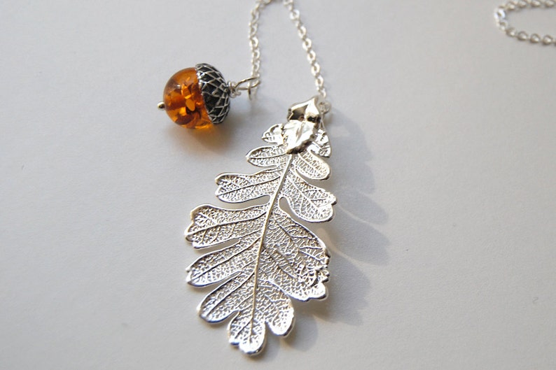 Silver Oak Leaf and Pearl Acorn Lariat Electroformed Jewelry Fall Acorn Charm Real Silver Oak Leaf Pendant image 3