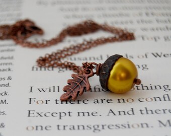 Copper and Golden Acorn Necklace | Pearl Acorn Necklace | Cute Acorn Charm Necklace | Copper Acorn