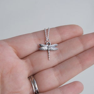May include: A silver dragonfly pendant necklace on a silver chain.