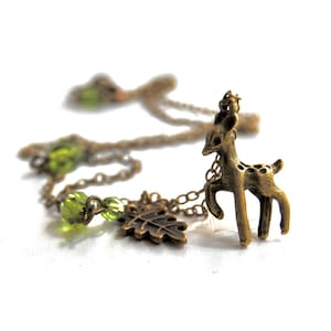 Little Brass Deer Necklace | Cute Fawn Charm Jewelry | Woodland Cottagecore Forest Animal Pendant | Whimsical Olive Green Accent Beads