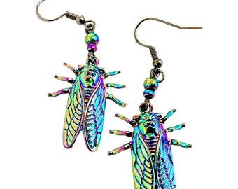 Cicada Earrings | Iridescent Rainbow Cicada Insect Charm Dangles | Goblincore Gift | Magic Colorful Bugs