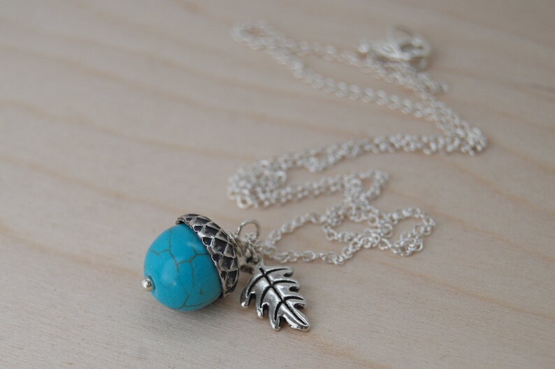 Turquoise and Silver Acorn Necklace Gemstone Acorn Necklace Nature Jewelry Cute Acorn Charm Necklace Something Blue Jewelry image 3