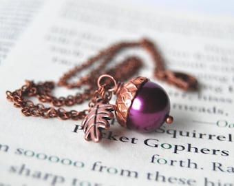 Plum and Copper Acorn Necklace | Purple Pearl Acorn Necklace | Fall Acorn Charm Necklace | Nature Jewelry | Woodland Copper Acorn Pendant