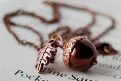 Chocolate and Copper Acorn Necklace | Brown Pearl Acorn Charm Necklac…