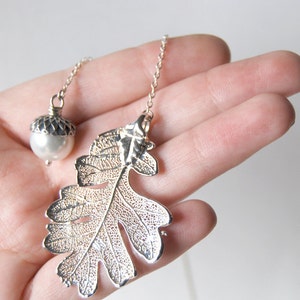 Silver Oak Leaf and Pearl Acorn Lariat Electroformed Jewelry Fall Acorn Charm Real Silver Oak Leaf Pendant image 4