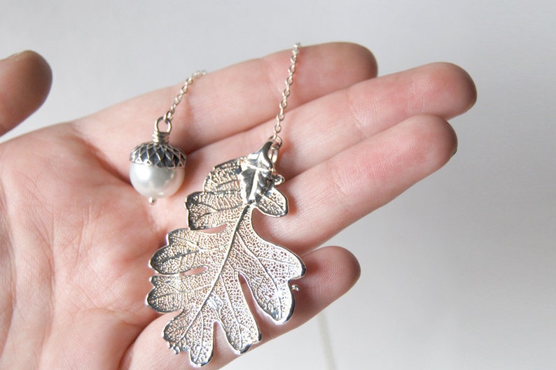 Silver Oak Leaf and Pearl Acorn Lariat Electroformed Jewelry Fall Acorn Charm Real Silver Oak Leaf Pendant image 4