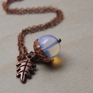 Opal and Copper Acorn Necklace | Glass Opalite Gemstone Necklace | Nature Jewelry | Cute Fall Acorn Charm Necklace | Crystal Acorn Necklace