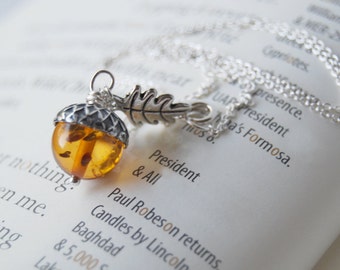 Silver and Orange Acorn Necklace | Orange Acorn Charm Necklace | Lucite/Man Made Orange Acorn Necklace | Woodland Acorn | Nature Jewelry