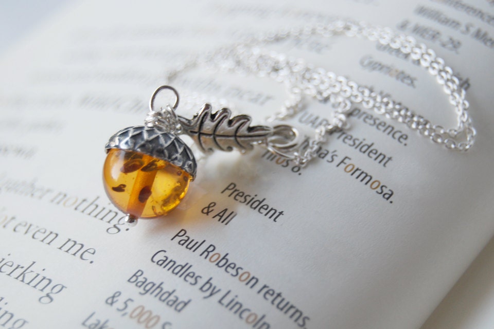 Silver and Amber Acorn Necklace | Orange Acorn Charm Necklace | Lucit…