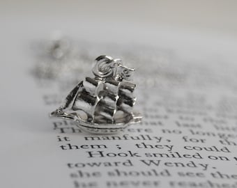 Jolly Roger Pirate Ship Necklace | Silver Ship Charm Necklace | Captain Hook Necklace