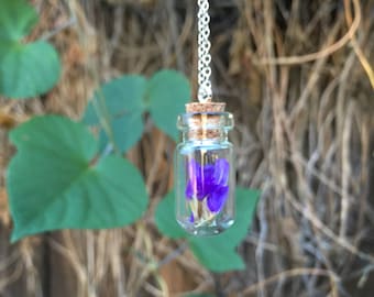 Purple Flowers Necklace | Fairy Garden Bottle Necklace | Sea Lavender Flower Terrarium Necklace