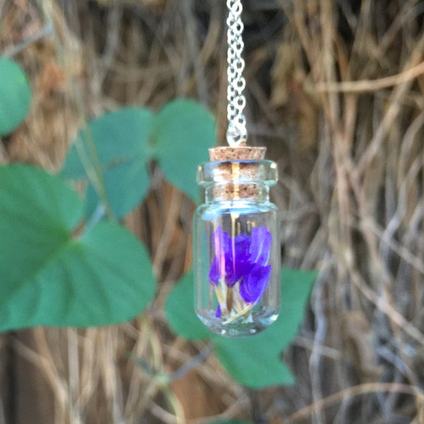 Purple Flowers Necklace | Fairy Garden Bottle Necklace | Sea Lavender Flower Terrarium Necklace