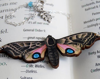 Blind Eyed Hawk Moth Necklace | Wooden Moth Necklace | Whimsical Moth Pendant | Insect Necklace