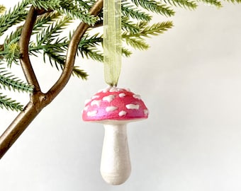 Cute Mushroom Ornament | Hand Painted Iridescent Forest Amanita Toadstool | Christmas Tree Decoration | Unique Cottagecore Holiday Gift Tags