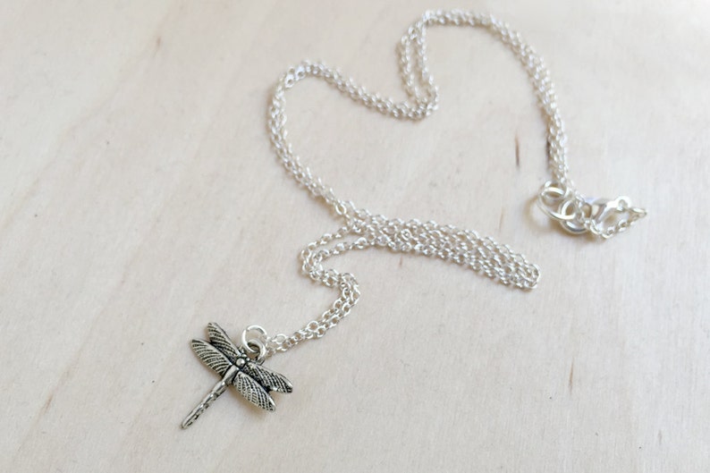 May include: A silver chain necklace with a dragonfly pendant. The dragonfly is detailed and has a delicate design.